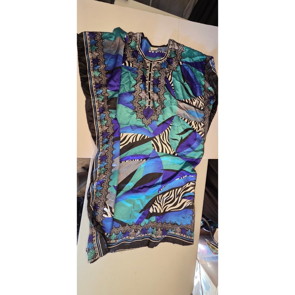 439 Sanford Classics Caftan Maxi Dress One Size Blue Turquoise Black Print